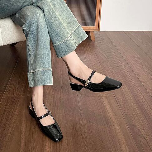 حذاء نسائي ماري جين بكعب منخفض مكتنز حذاء مفتوح من الخلف مغلق بمقدمة مربعة من الجلد اللامع لحفلات الزفاف والمكتب in Kuwait