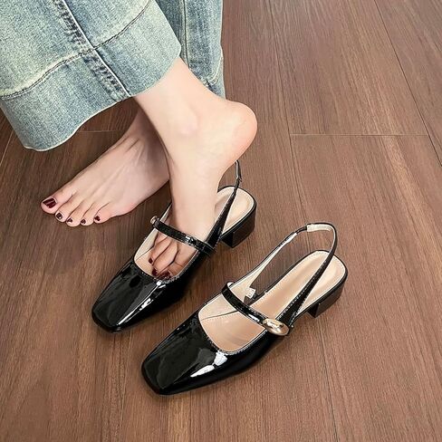 حذاء نسائي ماري جين بكعب منخفض مكتنز حذاء مفتوح من الخلف مغلق بمقدمة مربعة من الجلد اللامع لحفلات الزفاف والمكتب in Kuwait