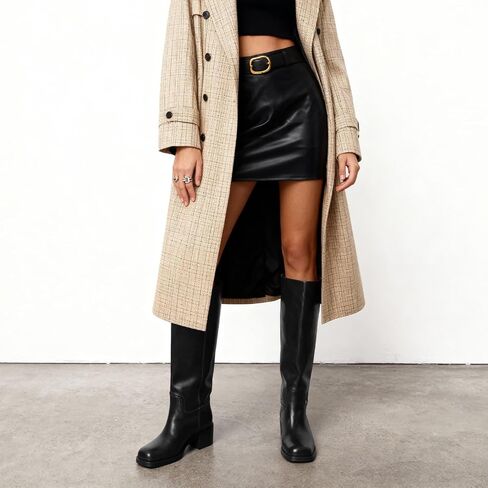Women's Banana Knee High Boots Square Toe Chunky Block Heel Tall Pull on Fashion Comfortable Mid-Calf Long Boots in Saudi Arabia