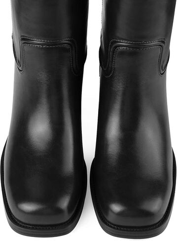 Women's Banana Knee High Boots Square Toe Chunky Block Heel Tall Pull on Fashion Comfortable Mid-Calf Long Boots in Saudi Arabia