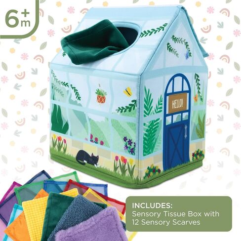 MindWare Sensory Sprouts Tissue Scarf - Montessori Toys for Babies 6-12 Months - Soft Greenhouse-Shaped Tissue Box and 12 Sensory Scarves Featuring Different Textures in Saudi Arabia