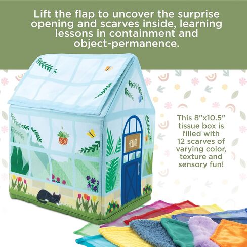 MindWare Sensory Sprouts Tissue Scarf - Montessori Toys for Babies 6-12 Months - Soft Greenhouse-Shaped Tissue Box and 12 Sensory Scarves Featuring Different Textures in Saudi Arabia