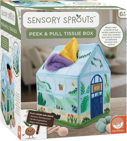 MindWare Sensory Sprouts Tissue Scarf - Montessori Toys for Babies 6-12 Months - Soft Greenhouse-Shaped Tissue Box and 12 Sensory Scarves Featuring Different Textures in Saudi Arabia