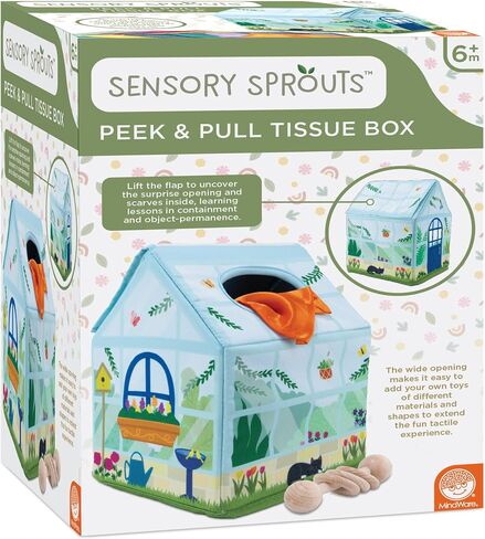 MindWare Sensory Sprouts Tissue Scarf - Montessori Toys for Babies 6-12 Months - Soft Greenhouse-Shaped Tissue Box and 12 Sensory Scarves Featuring Different Textures in Saudi Arabia