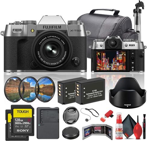 كاميرا Fujifilm X-T50 بدون مرآة مع عدسة 15-45 ملم f/3.5-5.6 باللون الفضي (16828868) تتضمن الحزمة: 2X 128 جيجابايت بطاقة ذاكرة، 2X بطارية قابلة للشحن، شاحن بطارية، طقم فلتر، حامل ثلاثي القوائم، حافظة، والمزيد in Saudi Arabia