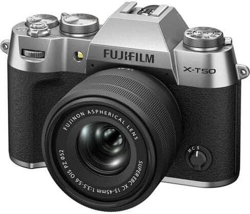 كاميرا Fujifilm X-T50 بدون مرآة مع عدسة 15-45 ملم f/3.5-5.6 باللون الفضي (16828868) تتضمن الحزمة: 2X 128 جيجابايت بطاقة ذاكرة، 2X بطارية قابلة للشحن، شاحن بطارية، طقم فلتر، حامل ثلاثي القوائم، حافظة، والمزيد in Saudi Arabia