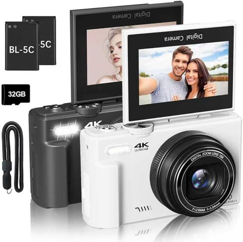 كاميرا رقمية بدقة 4K للتصوير الفوتوغرافي، وكاميرا تسجيل فيديو بدقة 64 ميجابكسل لليوتيوب مع شاشة قابلة للطي 3 بوصات بزاوية 180 درجة، ونقطة تكبير رقمية 18X وكاميرا تصوير مع بطاقة Micro SD سعة 32 جيجابايت (أسود + أبيض) in Kuwait