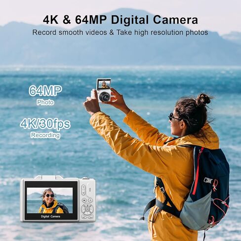 كاميرا رقمية بدقة 4K للتصوير الفوتوغرافي، وكاميرا تسجيل فيديو بدقة 64 ميجابكسل لليوتيوب مع شاشة قابلة للطي 3 بوصات بزاوية 180 درجة، ونقطة تكبير رقمية 18X وكاميرا تصوير مع بطاقة Micro SD سعة 32 جيجابايت (أسود + أبيض) in Kuwait