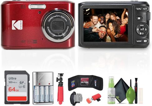 حزمة الكاميرا الرقمية Kodak Pixpro FZ45 (حمراء) تتضمن: بطاقة ذاكرة سعة 64 جيجابايت، بطاريات قابلة لإعادة الشحن، حامل ثلاثي مرن، قارئ بطاقات، محفظة بطاقات، حزام يد، مجموعة تنظيف كاملة in Saudi Arabia
