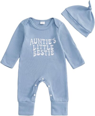 Suolongsama Infant Baby Boy Outfit Aunties Bestie Embroidery Romper Long Sleeve Waffle Jumpsuit with Hat Fall Winter Clothes in Saudi Arabia