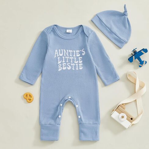 Suolongsama Infant Baby Boy Outfit Aunties Bestie Embroidery Romper Long Sleeve Waffle Jumpsuit with Hat Fall Winter Clothes in Saudi Arabia