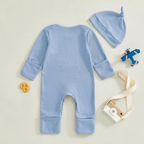 Suolongsama Infant Baby Boy Outfit Aunties Bestie Embroidery Romper Long Sleeve Waffle Jumpsuit with Hat Fall Winter Clothes in Saudi Arabia