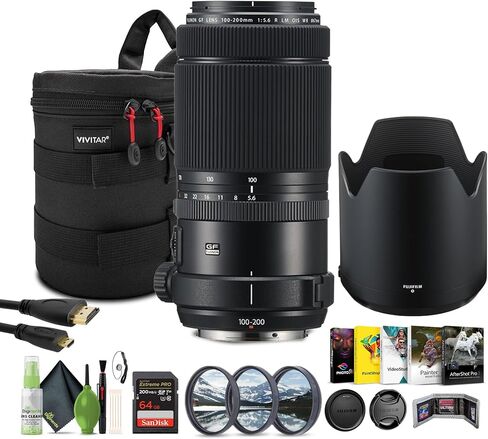 مجموعة عدسات FUJIFILM GF 100-200mm f/5.6 R LM OIS WR مع مجموعة مرشحات احترافية 67 مم مكونة من 3 قطع + بطاقة ذاكرة 64 جيجابايت + قارئ بطاقة USB، SD/microSD + Corel Photo، Video، & Art Suite Deluxe + عدسة 8 بوصة in Saudi Arabia