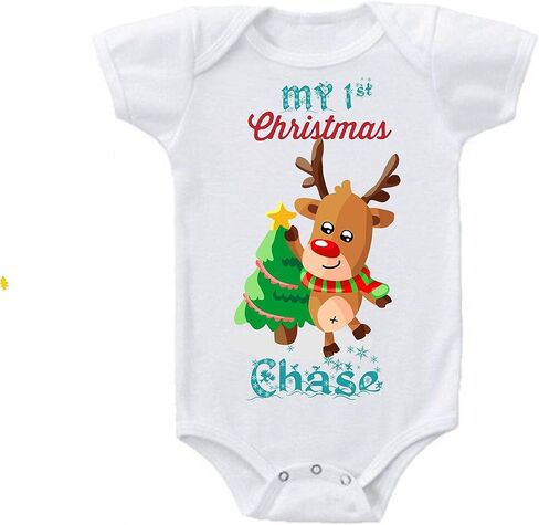 Onesie Babys First Christmas Rudolph Red Nosed Reindeer Tree Personalized Custom Short Sleeve 0 to 3 mos or 3 to 6 months or 6 to 12 months for Boys or Girls in Saudi Arabia