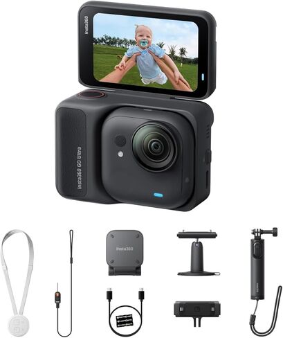 حزمة Insta360 GO Ultra Creator باللون الأسود الليلي - كاميرا صغيرة بدقة 4K بدون استخدام اليدين، خفيفة الوزن ومحمولة، إضاءة منخفضة، يمكن تركيبها في أي مكان، تثبيت حالة التدفق، عمر بطارية 200 دقيقة، مقاومة للماء حتى 33 قدمًا in Saudi Arabia