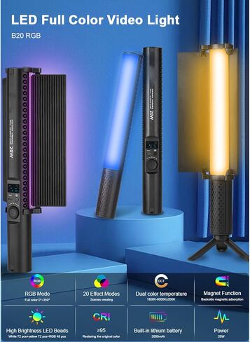 عصا إضاءة LED EBTOOLS RGB، 20 وات 1800K-9000K، أكثر من 95 CRI، لون كامل، ضوء فيديو RGB مغناطيسي محمول باليد، مع لوحة، تعديل 36000 لون، 2600 مللي أمبير في الساعة، للتصوير الفوتوغرافي، البث المباشر in Kuwait