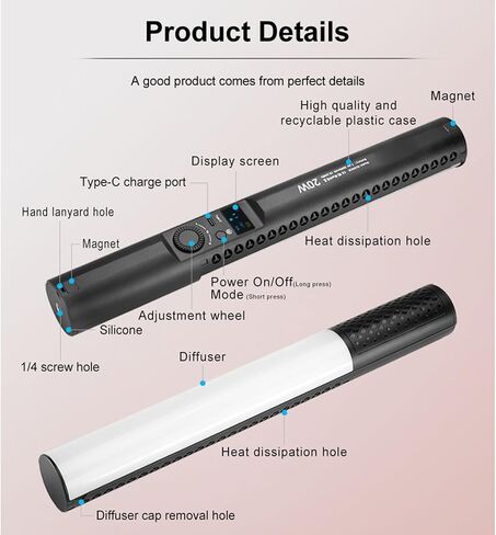 عصا إضاءة LED EBTOOLS RGB، 20 وات 1800K-9000K، أكثر من 95 CRI، لون كامل، ضوء فيديو RGB مغناطيسي محمول باليد، مع لوحة، تعديل 36000 لون، 2600 مللي أمبير في الساعة، للتصوير الفوتوغرافي، البث المباشر in Kuwait