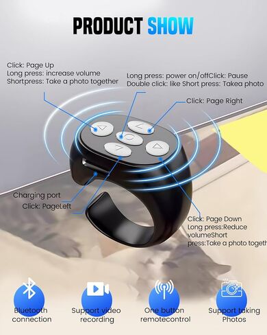 Fingertip Wireless Bluetooth Remote Control, 2026 Upgraded Scrolling Ring Bluetooth Page Turner for Phone, Camera Shutter Scroller Remote for Short Video Music (Black) in Saudi Arabia