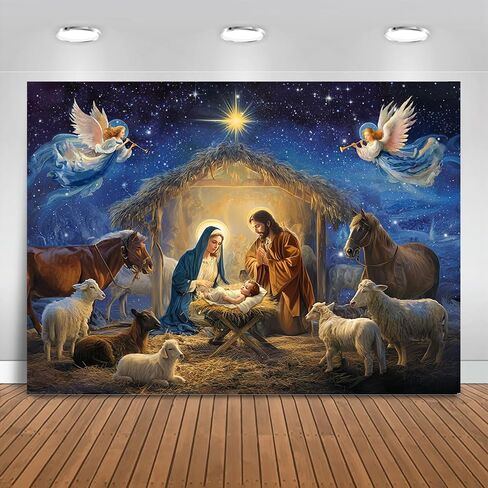 Mocsicka Christmas Nativity Backdrop Holy Nativity Religious Party Decorations Xmas Merry Christmas Backgournd for Photography Party Supplies Photo Booth Props (Blue, 7x5ft(82"x60")) in Saudi Arabia