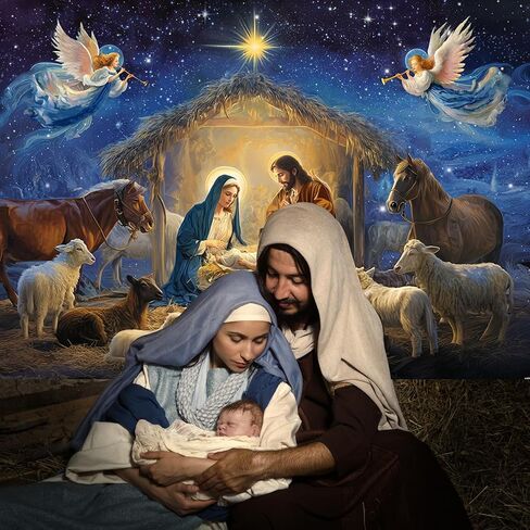 Mocsicka Christmas Nativity Backdrop Holy Nativity Religious Party Decorations Xmas Merry Christmas Backgournd for Photography Party Supplies Photo Booth Props (Blue, 7x5ft(82"x60")) in Saudi Arabia