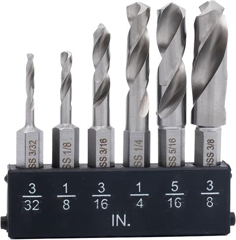 Twist Stubby Drill Bit Set, Size 3/32'' to 3/8'' with Size Index & Storage Base, 6-Piece Hex Shank Drill Bits for Metal, Made of High-Speed Steel in Saudi Arabia