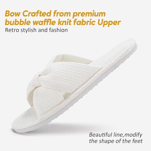 QIGEGE Slippers for Women with Arch Support House Slippers Bedroom Bubble Waffle Knit Fabric Bow Crossbands Slide Sandals Shoes Comfy Trendy Gift in Saudi Arabia