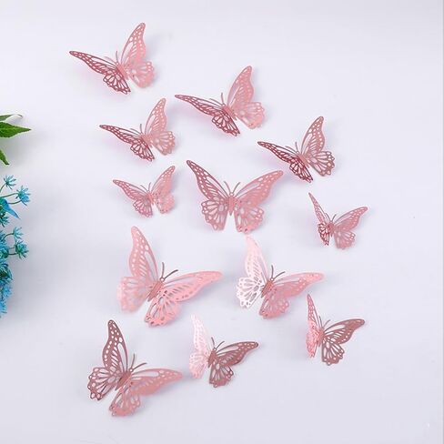 Butterfly Wall Decor, 12 Pcs 3 Styles 3 Sizes, Removable Metallic Wall Decor Sticker Room Mural Decals for Bedroom Nursery Classroom Party Decoration Wedding Decor DIY Gift (Rose Gold) in Saudi Arabia