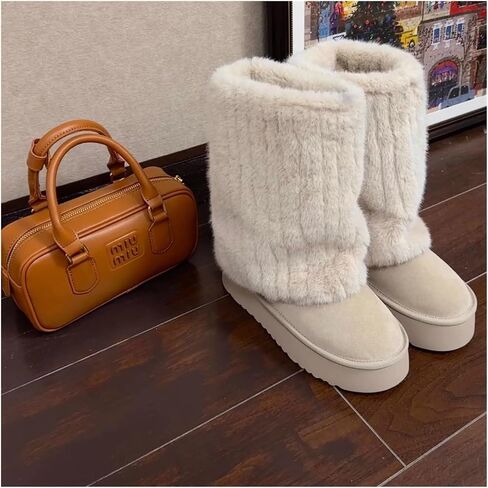 Women's Fluffy Snow Boots Thick Heels Thick Soles Fashion Temperament Pants Boots Warm Boots in Saudi Arabia
