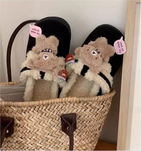 ZQW Women's Lazy Sweet Brown Teddy Bear Slippers Y2k Aesthetic Indoor Outdoor Cute Warm Plush Lined Fluffy Fur Fuzzy Animal Shoes in Saudi Arabia