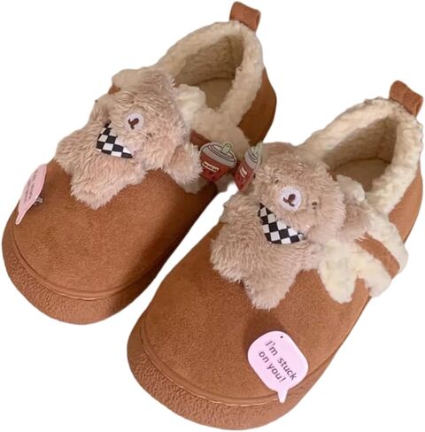 ZQW Women's Lazy Sweet Brown Teddy Bear Slippers Y2k Aesthetic Indoor Outdoor Cute Warm Plush Lined Fluffy Fur Fuzzy Animal Shoes in Saudi Arabia