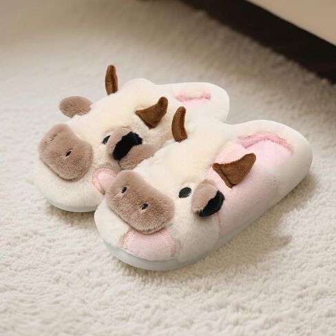 Cow Slippers for Women & Men - Plush Soft Non-Slip House Slipper, Winter Warm Fuzzy Shoes with Comfort Memory Foam, White Pink in Saudi Arabia