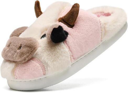 Cow Slippers for Women & Men - Plush Soft Non-Slip House Slipper, Winter Warm Fuzzy Shoes with Comfort Memory Foam, White Pink in Saudi Arabia