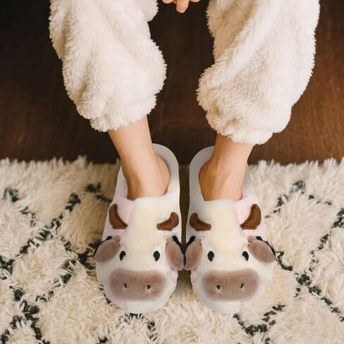 Cow Slippers for Women & Men - Plush Soft Non-Slip House Slipper, Winter Warm Fuzzy Shoes with Comfort Memory Foam, White Pink in Saudi Arabia