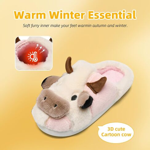 Cow Slippers for Women & Men - Plush Soft Non-Slip House Slipper, Winter Warm Fuzzy Shoes with Comfort Memory Foam, White Pink in Saudi Arabia