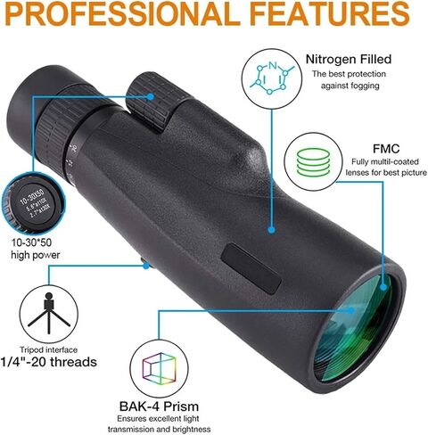 High Power Binoculars, 10-30x 50 HD Monocular Telescope, High Power Magnification Monocular for Adults with Multiple Magnification, Smartphone Holder, Rotatable Tripod, BAK4 Prism for Wildlife in Saudi Arabia