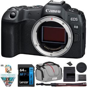 هيكل كاميرا Canon EOS R8 كامل الإطار غير مزود بمرآة، حزمة 5803C002 فقط مع بطاقة ذاكرة Lexar Premium SDXC بسعة 64 جيجابايت، وحقيبة كاميرا Deco Essentials ومجموعة Corel Photo Video Suite PaintShop Pro مع VideoStudio SE in Kuwait
