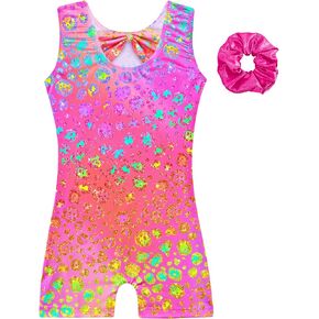 Gymnastics Leotards for Girls Sparkly Sleeveless Bow Back Biketards with Shorts Matching Hair Scrunchie in Kuwait