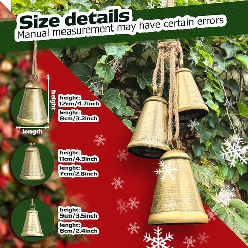Christmas Bells,Vintage Iron Bells with Jute Rope for Hanging,Christmas Bells for Decoration,Christmas Decor Set of 3 Different Sizes in Kuwait