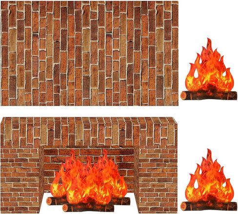 4 Pieces Christmas Dark Red Brick Wall Party Backdrop Plastic Brick Wallpaper Artificial Fire Flame Cardboard 3D Campfire Fake Centerpiece and Dark Red Brick Tablecloth for Holiday Party Background in Saudi Arabia