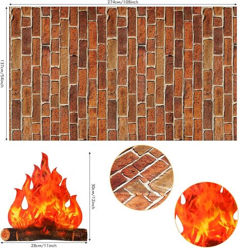4 Pieces Christmas Dark Red Brick Wall Party Backdrop Plastic Brick Wallpaper Artificial Fire Flame Cardboard 3D Campfire Fake Centerpiece and Dark Red Brick Tablecloth for Holiday Party Background in Saudi Arabia