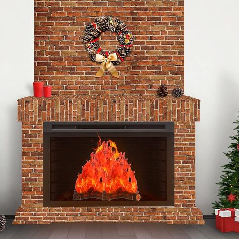 4 Pieces Christmas Dark Red Brick Wall Party Backdrop Plastic Brick Wallpaper Artificial Fire Flame Cardboard 3D Campfire Fake Centerpiece and Dark Red Brick Tablecloth for Holiday Party Background in Saudi Arabia