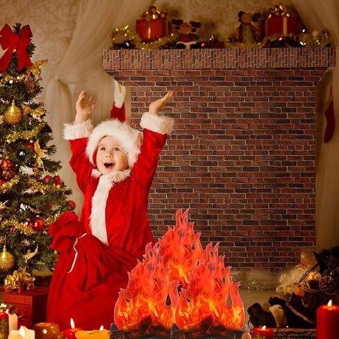 4 Pieces Christmas Dark Red Brick Wall Party Backdrop Plastic Brick Wallpaper Artificial Fire Flame Cardboard 3D Campfire Fake Centerpiece and Dark Red Brick Tablecloth for Holiday Party Background in Saudi Arabia