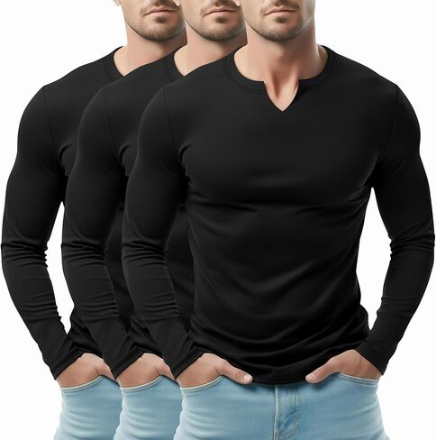 RIYIPER 3 Pack Men Long Sleeve T Shirts ، V Neck Longline Henley Cotton Derts Nasual Muscle Tee Stretch Tops in Saudi Arabia