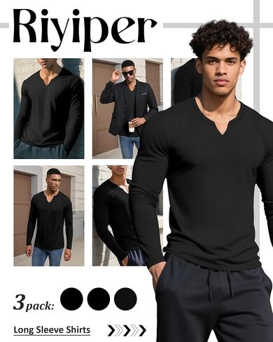 RIYIPER 3 Pack Men Long Sleeve T Shirts ، V Neck Longline Henley Cotton Derts Nasual Muscle Tee Stretch Tops in Saudi Arabia
