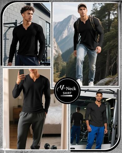 RIYIPER 3 Pack Men Long Sleeve T Shirts ، V Neck Longline Henley Cotton Derts Nasual Muscle Tee Stretch Tops in Saudi Arabia