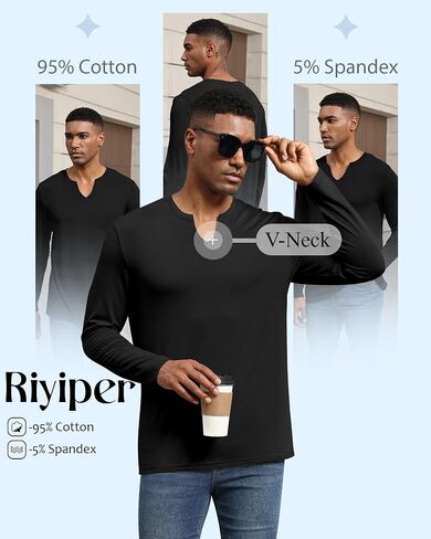 RIYIPER 3 Pack Men Long Sleeve T Shirts ، V Neck Longline Henley Cotton Derts Nasual Muscle Tee Stretch Tops in Saudi Arabia