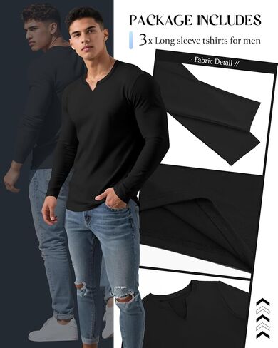 RIYIPER 3 Pack Men Long Sleeve T Shirts ، V Neck Longline Henley Cotton Derts Nasual Muscle Tee Stretch Tops in Saudi Arabia