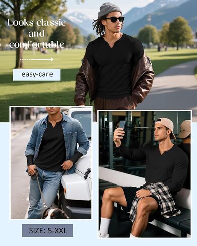 RIYIPER 3 Pack Men Long Sleeve T Shirts ، V Neck Longline Henley Cotton Derts Nasual Muscle Tee Stretch Tops in Saudi Arabia