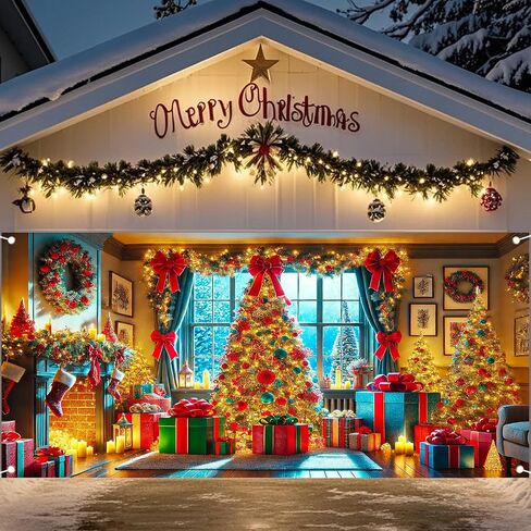 Nuxovilar Christmas Garage Door Cover Hanging Banner Decorations Extra Large Backdrop Xmas Cover Holiday Party Supplies Home Wall for Home Skins Murals Outdoor/Indoor Polyester (Type D,6 X 13 Foot) in Saudi Arabia