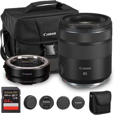 Canon RF 85mm f/2 Macro is STM Lens | Compact Medium-Telephoto Prime with Image Stabilization & STM Autofocus | for Portraits & Low-Light Photography (4234C002) + Adapter EF-EOS R + Bag + 64GB Card in Saudi Arabia